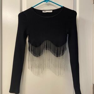Zara Black Long Sleeve Top with Fringe